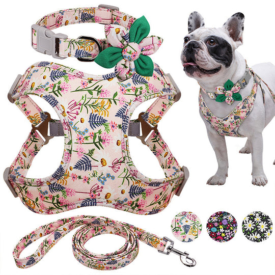 Flower Printed Dog Collar Harness Leash Set Nylon Small Medium Large Dogs Harness Vest Collar Leashes For Chihuahua Puppy Pet